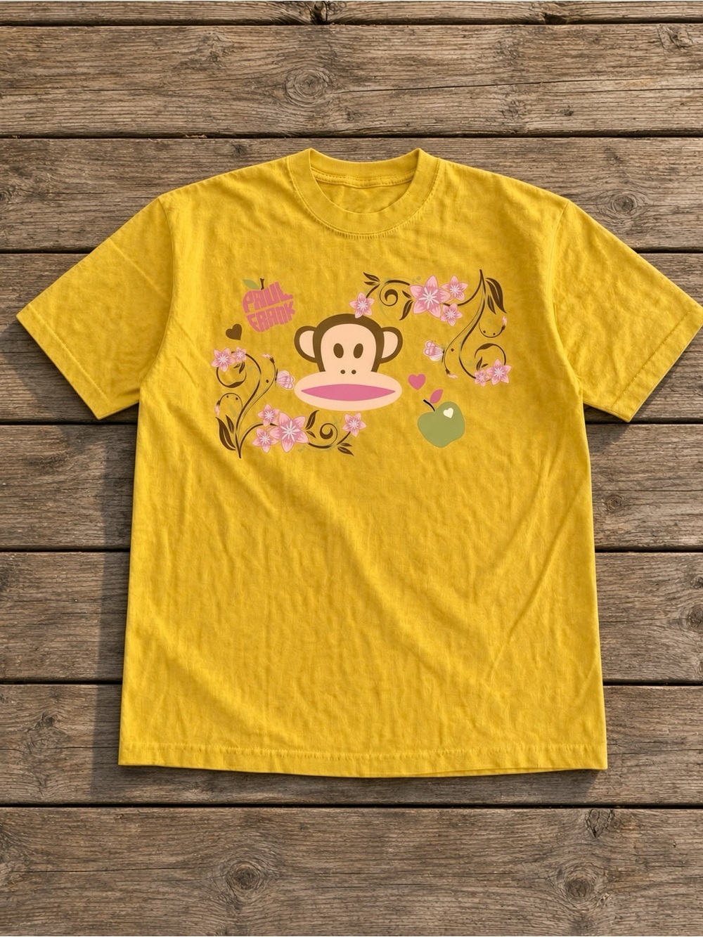 Gildan Yellow Short Sleeve Tee with Monkey Graphic and Pink Floral Accents